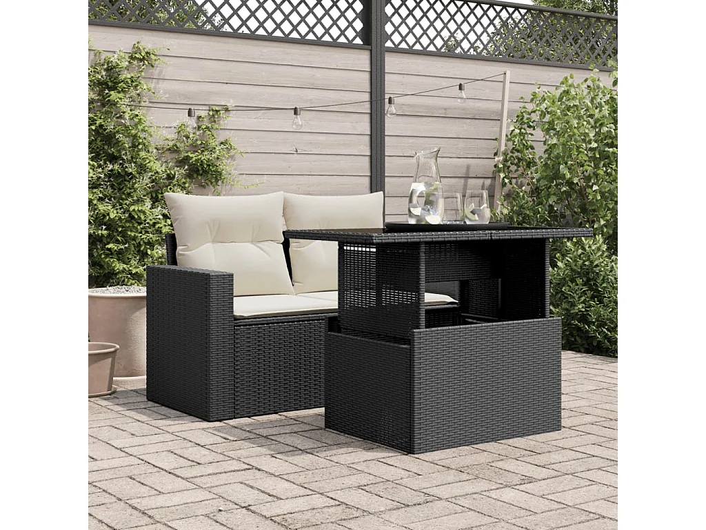 Mesa de jardim com tampo de vidro 100x55x73 cm vime PE preto