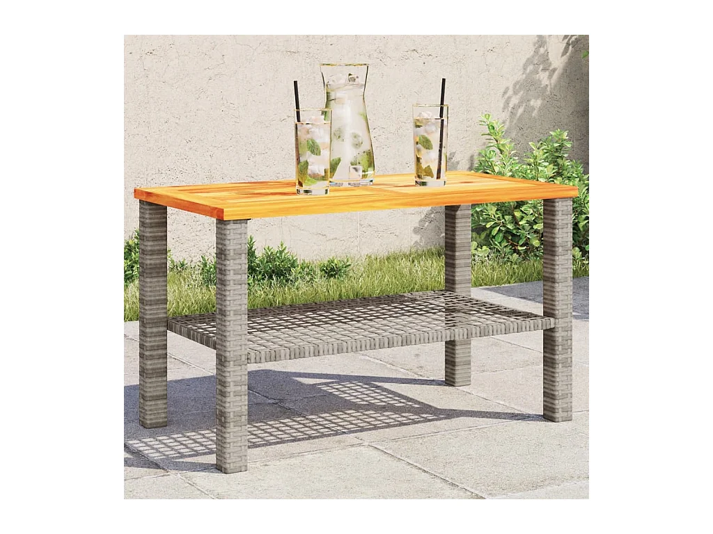 Table de jardin gris 70x38x42 cm résine tressée et bois acacia