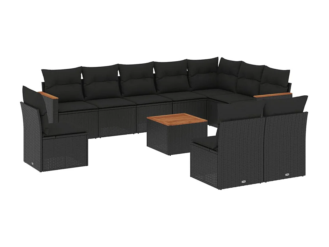 11-tlg. Garten-Sofagarnitur mit Kissen Schwarz Poly Rattan