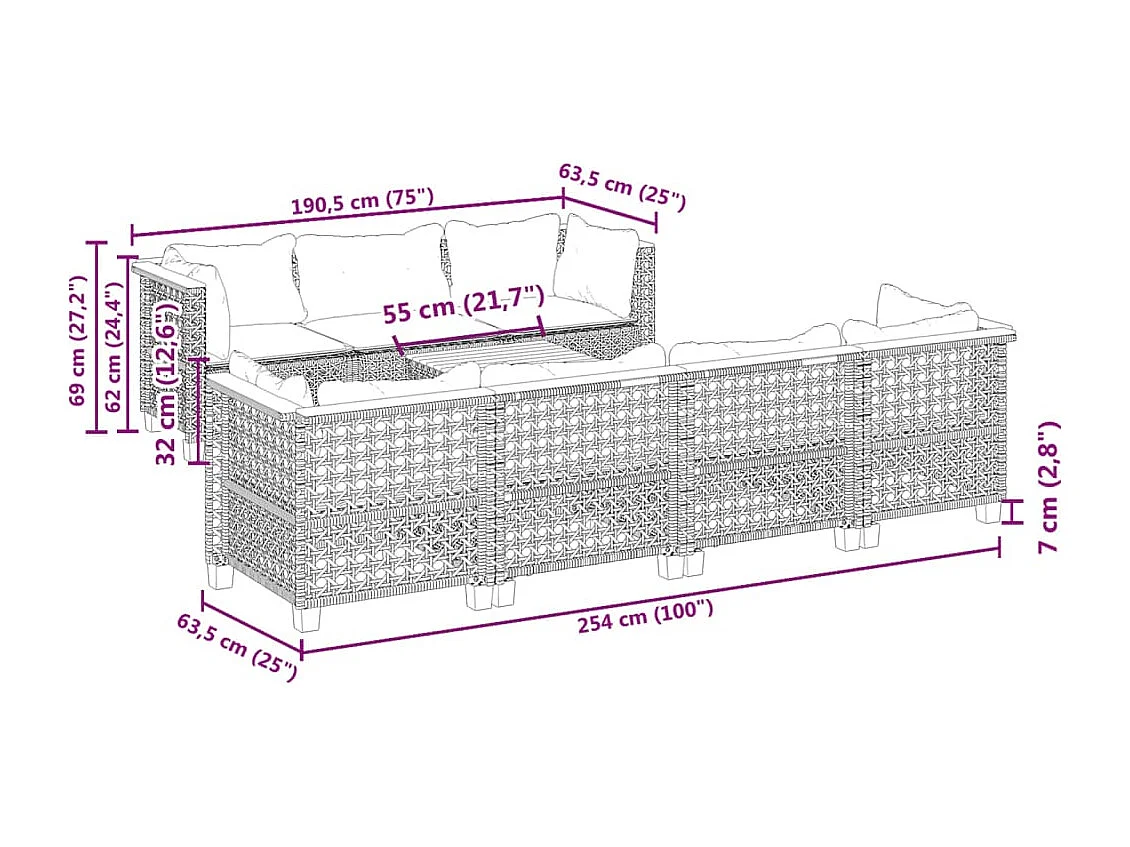 Set Divano da Giardino 8 pz con Cuscini Grigio in Polyrattan