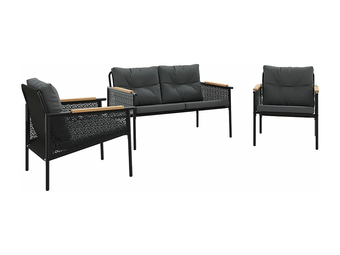 3 pcs conjunto mobiliário de varanda com almofadões aço preto
