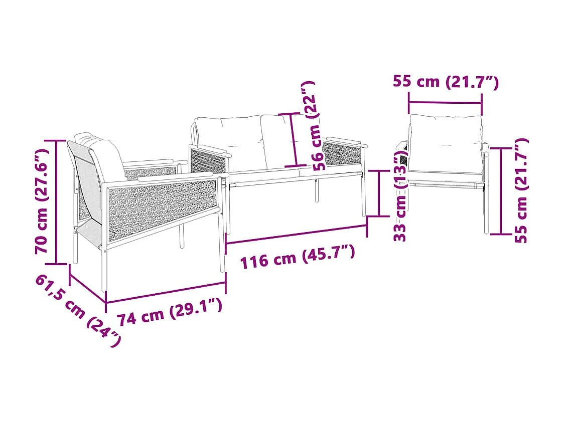 3 pcs conjunto mobiliário de varanda com almofadões aço preto