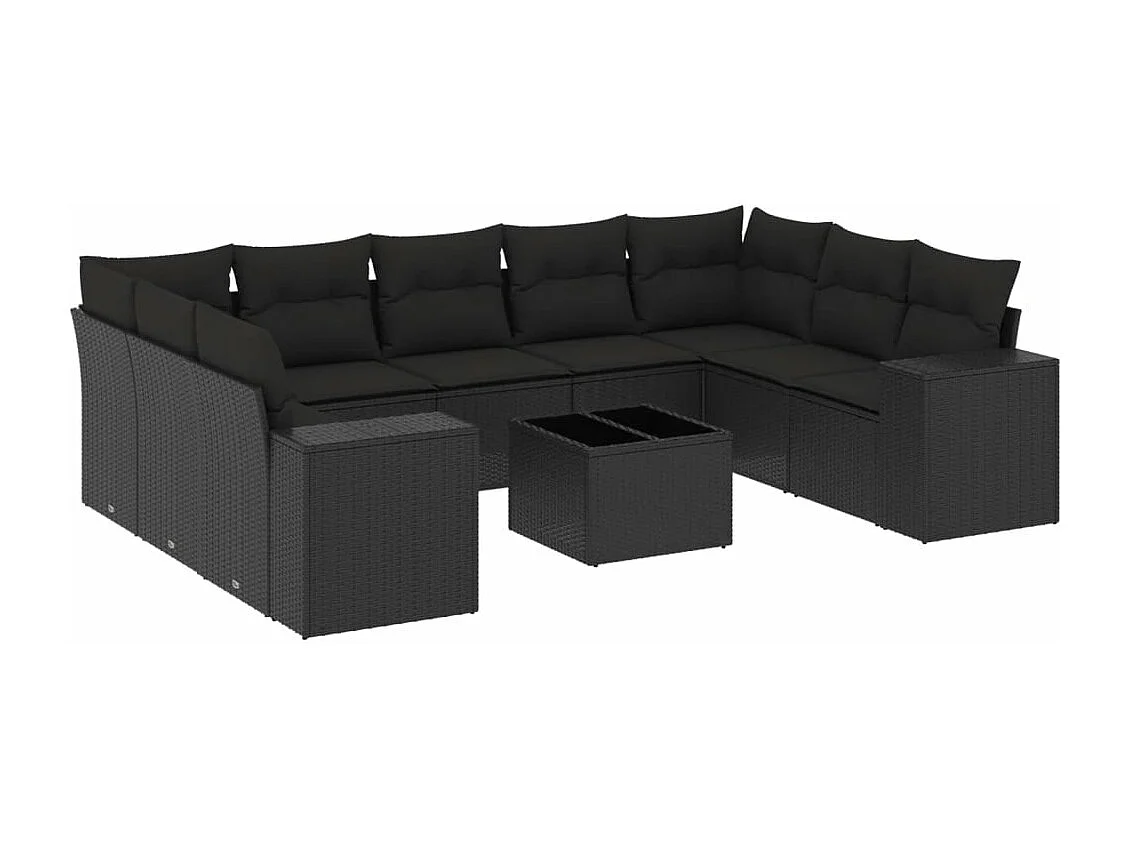10-delige Loungeset met kussens poly rattan zwart