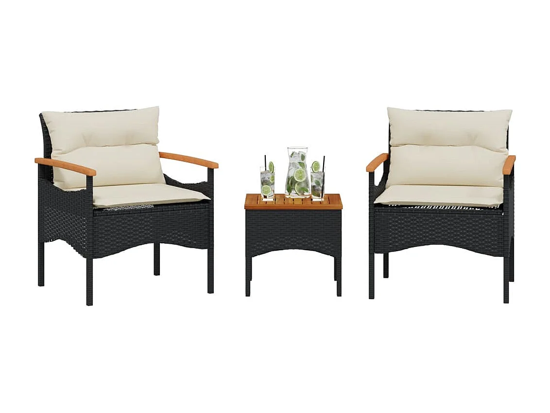 Salon de jardin 3 pcs avec coussins noir résine tressée