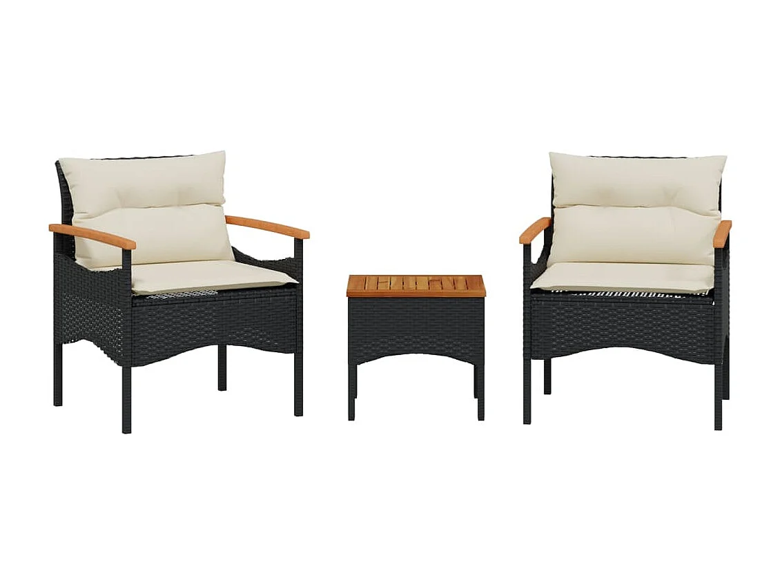 Salon de jardin 3 pcs avec coussins noir résine tressée