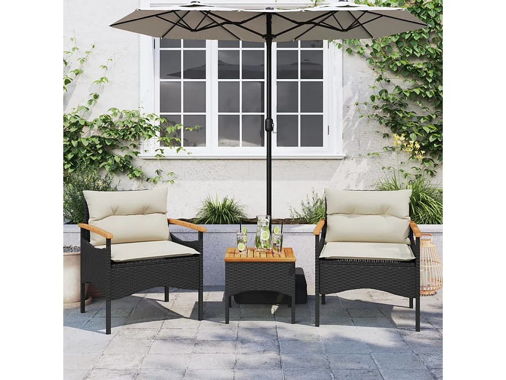 Salon de jardin 3 pcs avec coussins noir résine tressée