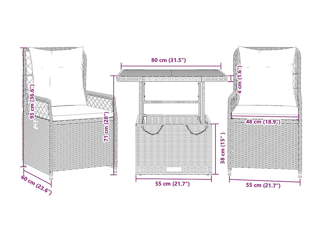 3 pcs conjunto de jantar p/ jardim com almofadões vime PE bege