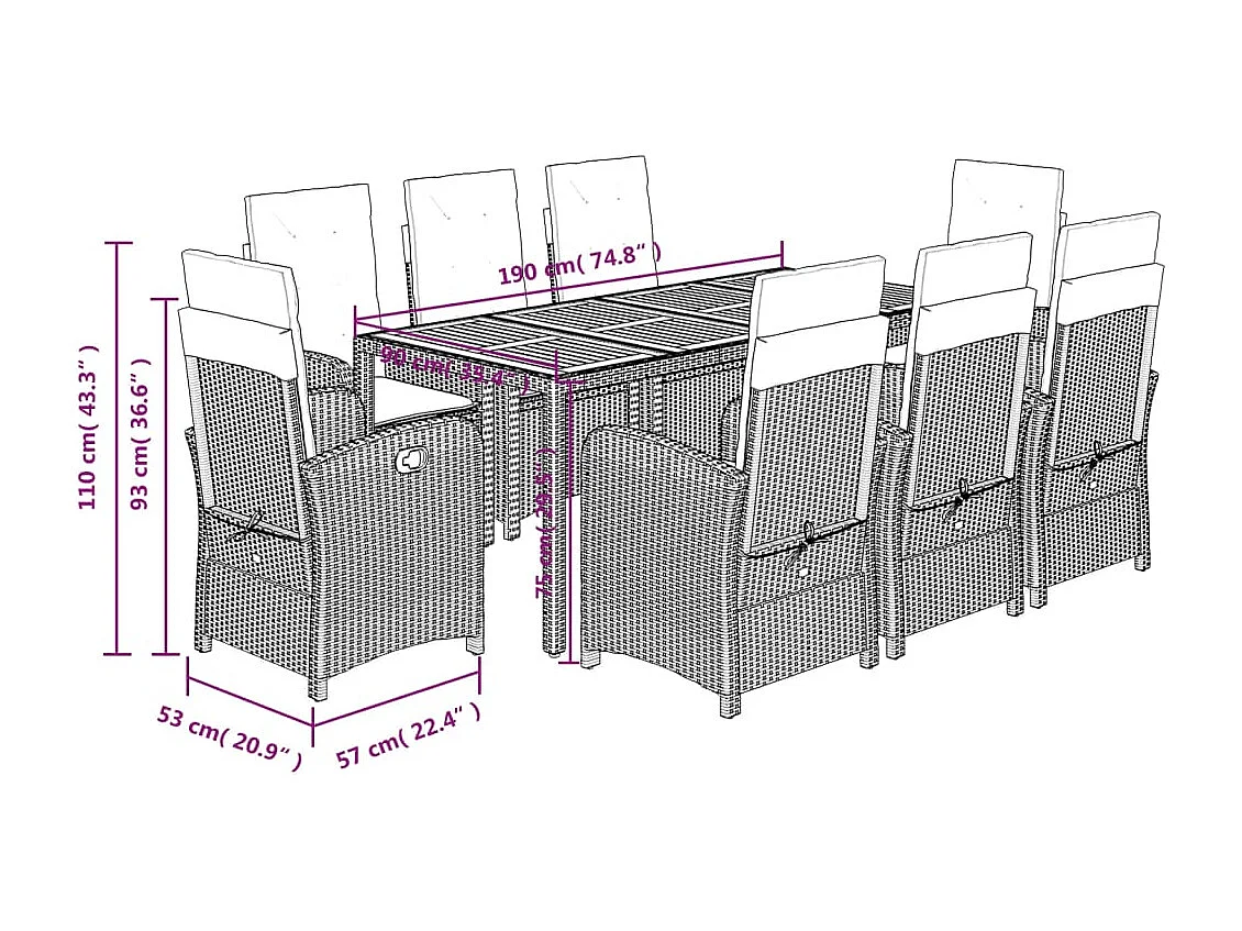 Set da Pranzo da Giardino 9 pz con Cuscini in Polyrattan Grigio