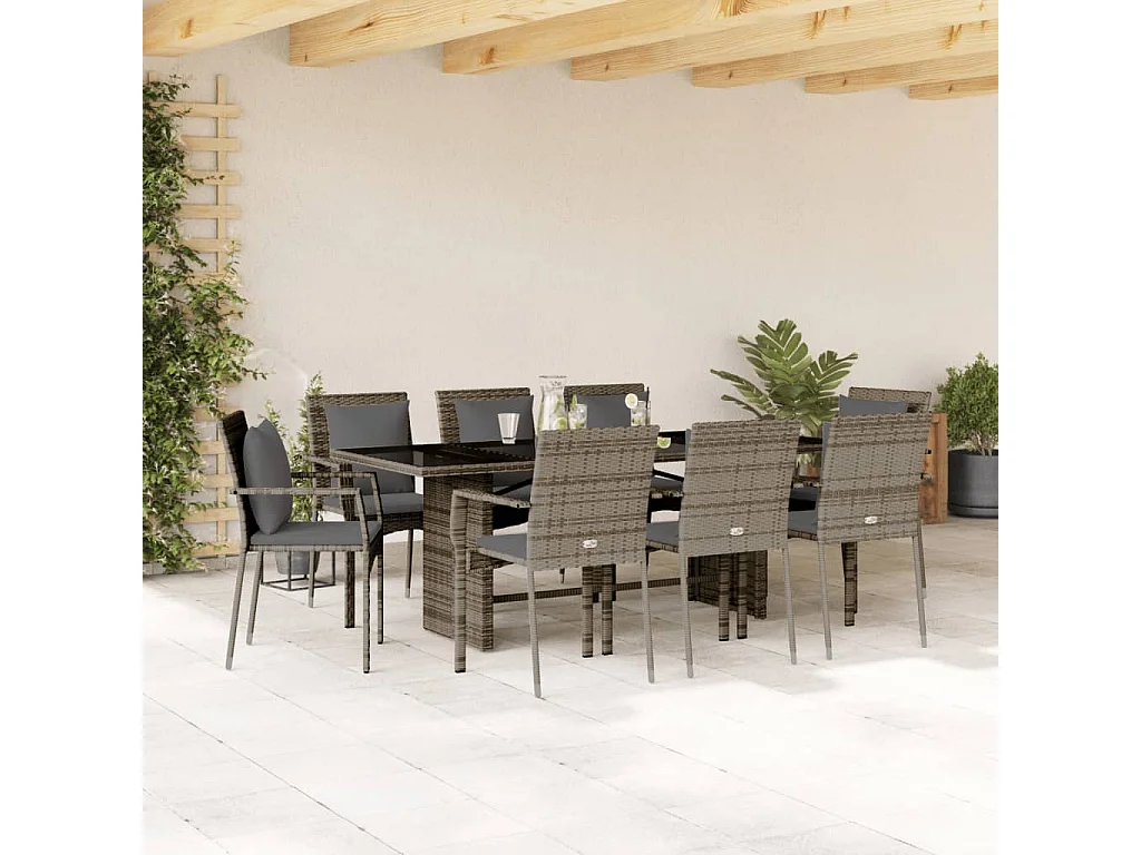 Ensemble à manger de jardin 9 pcs coussins gris résine tressée