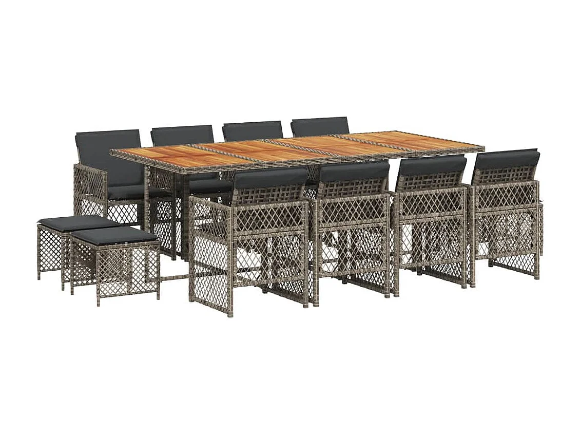 Set da Pranzo da Giardino 13pz con Cuscini Grigio in Polyrattan