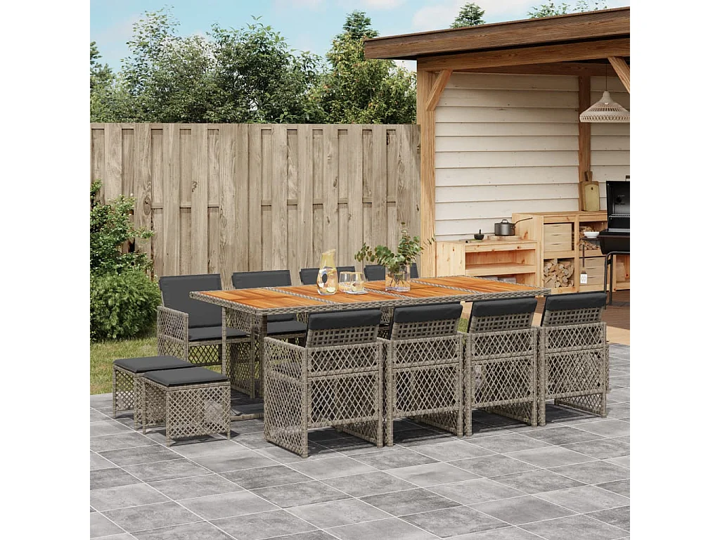 Ensemble à manger de jardin coussins 13 pcs gris résine tressée