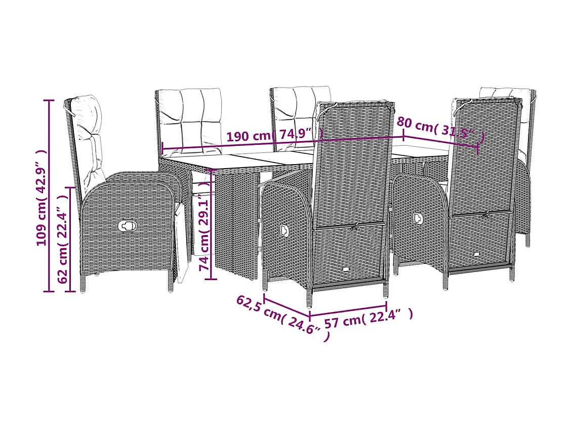 Set da Pranzo da Giardino 7 pz con Cuscini in Polyrattan Grigio
