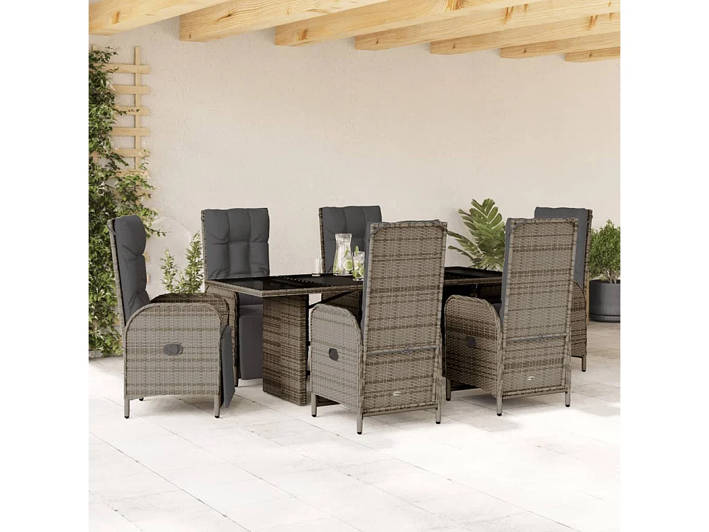 Ensemble à manger de jardin et coussins 7 pcs gris rotin