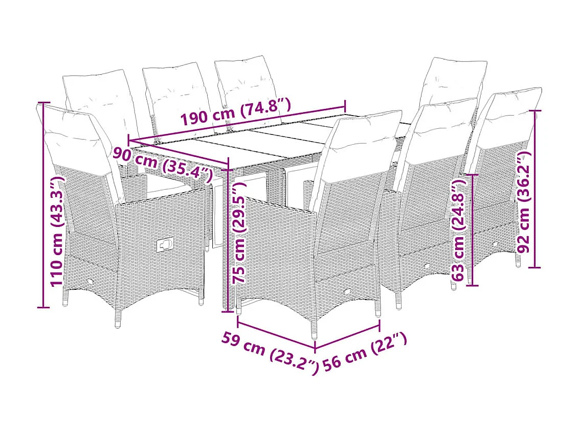 Ensemble de bistro de jardin 9 pcs coussins marron poly rotin