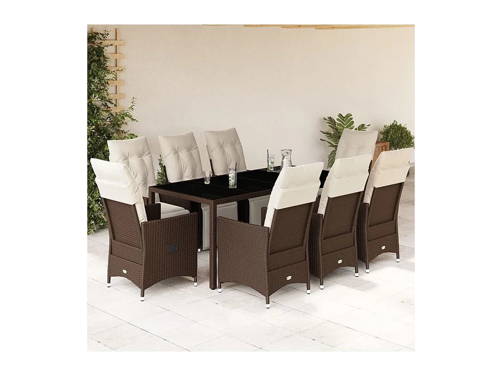 Ensemble de bistro de jardin 9 pcs coussins marron poly rotin