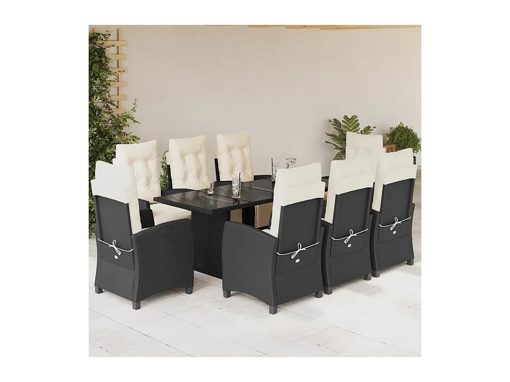 Ensemble à manger de jardin 9pcs coussins noir résine tressée