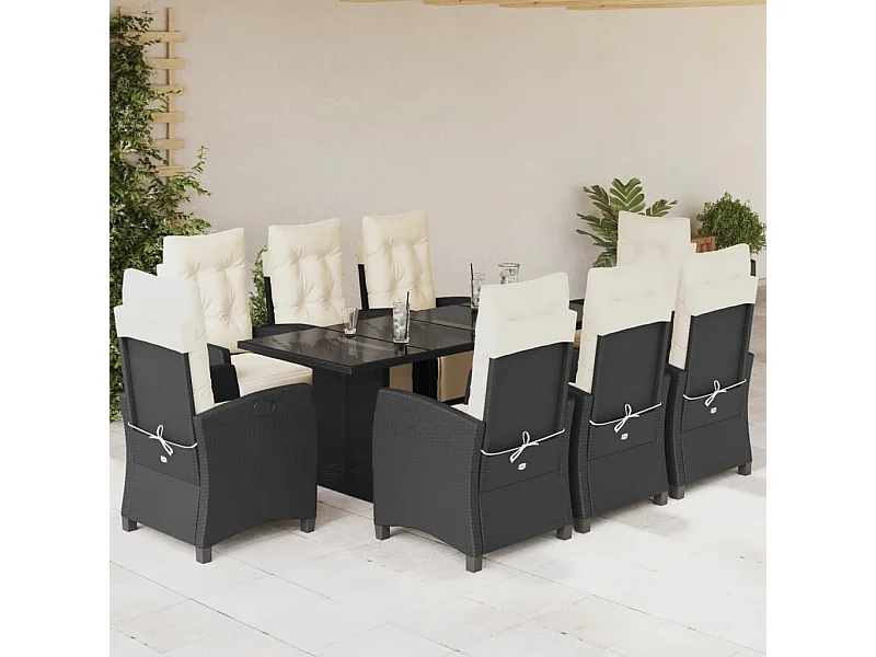 9-tlg. Garten-Essgruppe mit Kissen Schwarz Poly Rattan