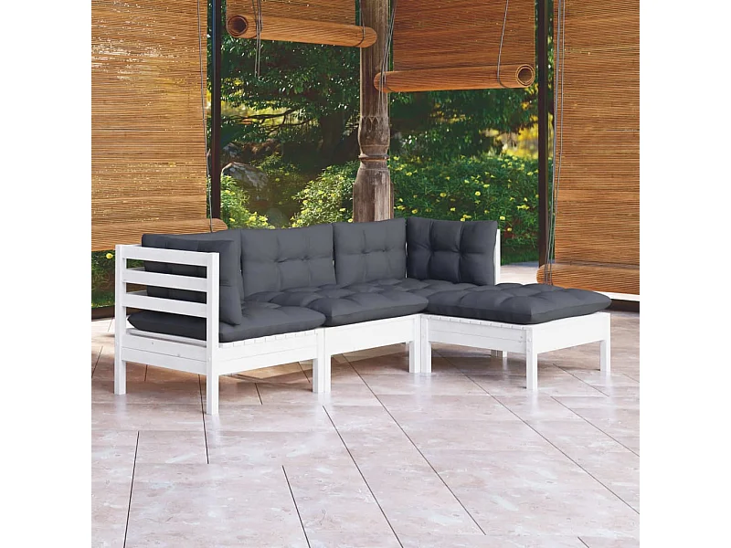 Salon de jardin 4 pcs avec coussins blanc bois de pin