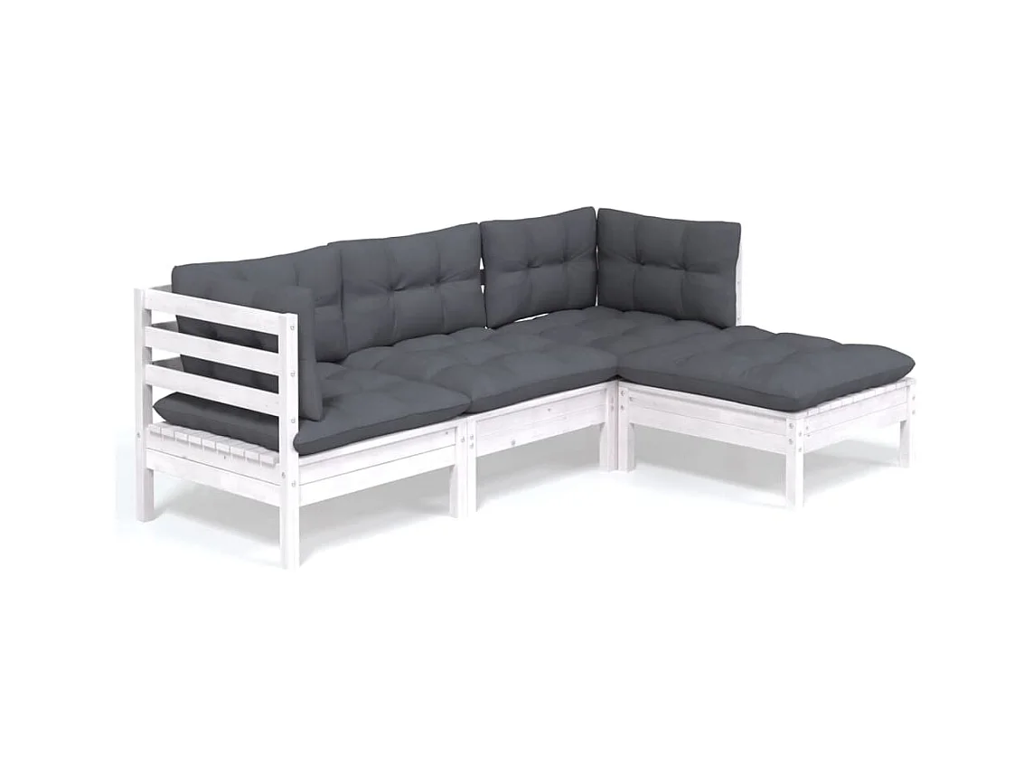 Salon de jardin 4 pcs avec coussins blanc bois de pin