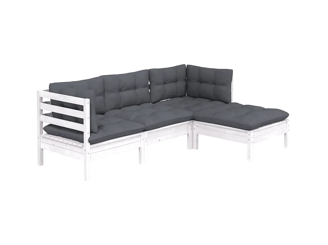 Salon de jardin 4 pcs avec coussins blanc bois de pin