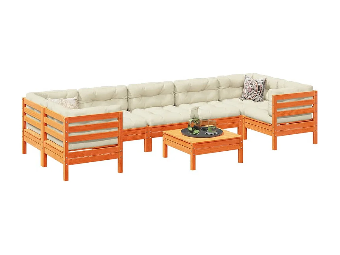 Salon de jardin 8 pcs avec coussins marron cire bois pin massif