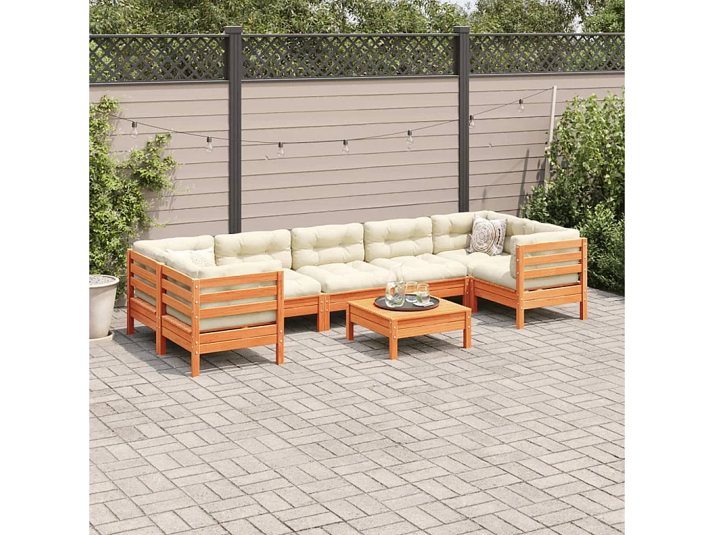 Salon de jardin 8 pcs avec coussins marron cire bois pin massif