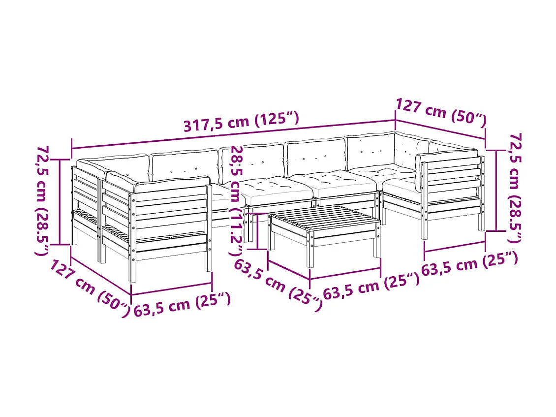Salon de jardin 8 pcs avec coussins marron cire bois pin massif