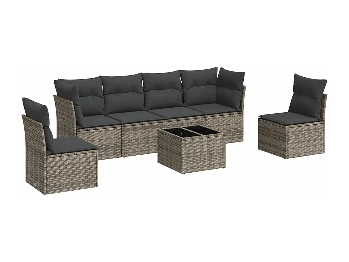 Salon de jardin avec coussins 7 pcs gris résine tressée