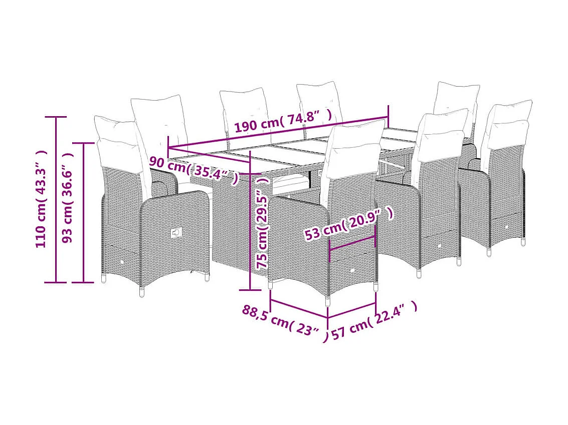 Mesita y sillas jardín 9 piezas y cojines ratán sintético gris