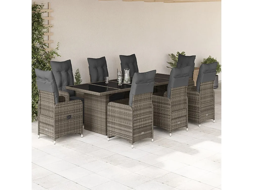 Set Bistrò da Giardino 9 pz con Cuscini in Polyrattan Grigio