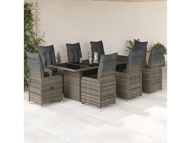 9 pcs conjunto bistrô de jardim c/ almofadões vime PE cinzento