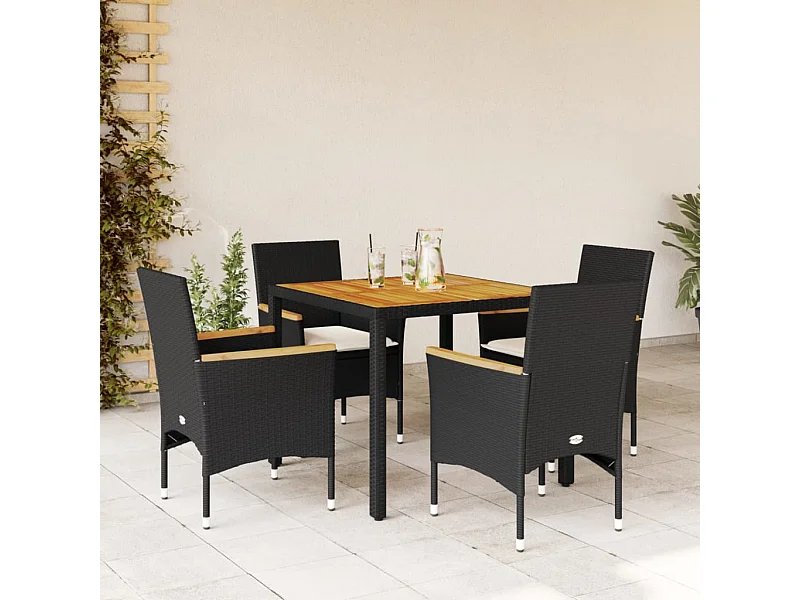 5-tlg. Garten-Essgruppe mit Kissen Schwarz Poly Rattan Akazie