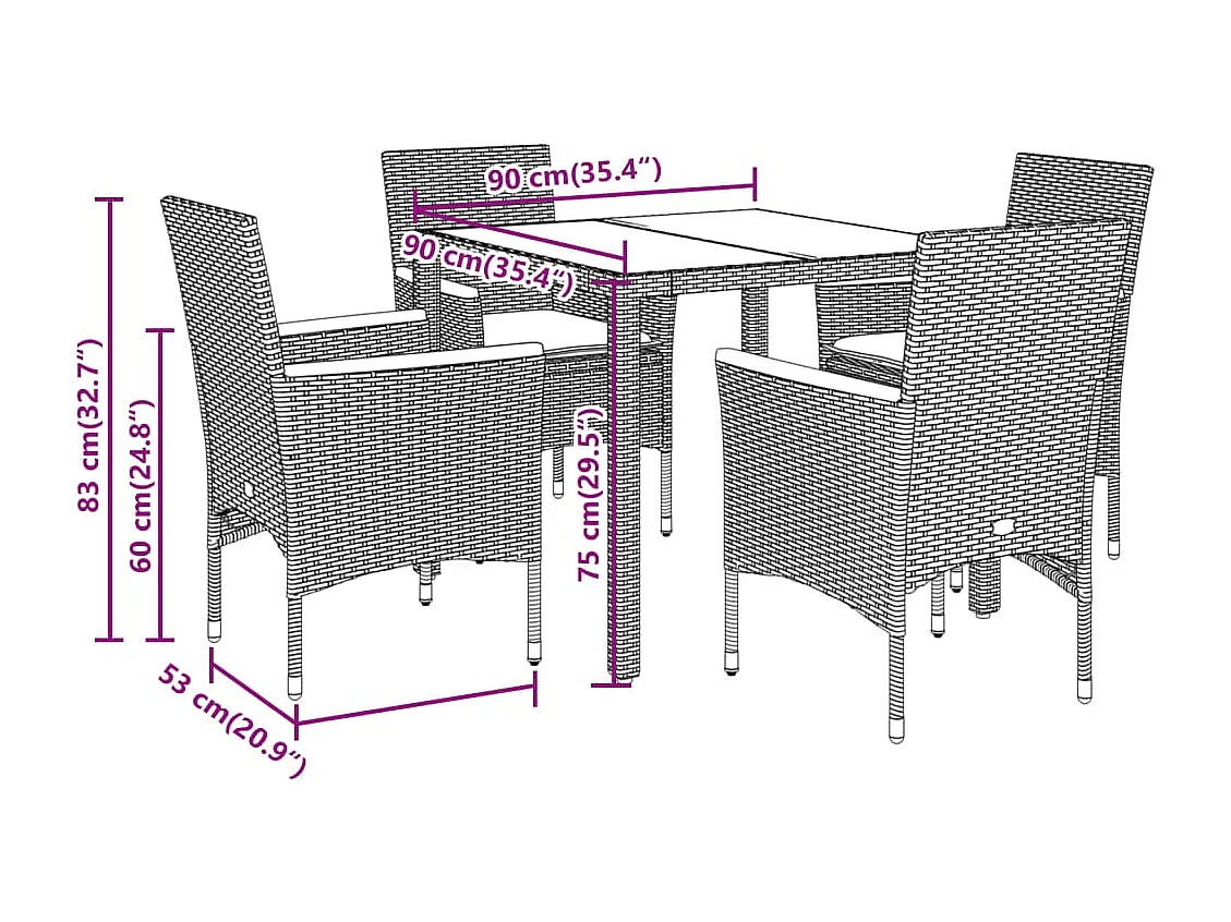 5-tlg. Garten-Essgruppe mit Kissen Schwarz Poly Rattan Akazie