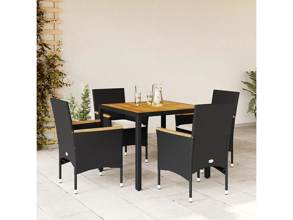 Ensemble à manger de jardin et coussins 5 pcs noir rotin acacia