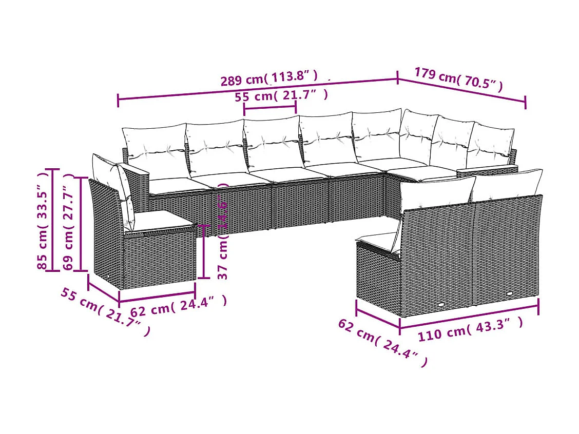 10-tlg. Garten-Sofagarnitur mit Kissen Schwarz Poly Rattan