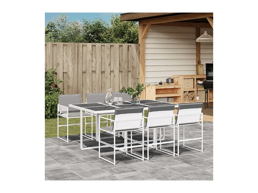 Set da Pranzo da Giardino 7 pz con Cuscini Bianco in Textilene