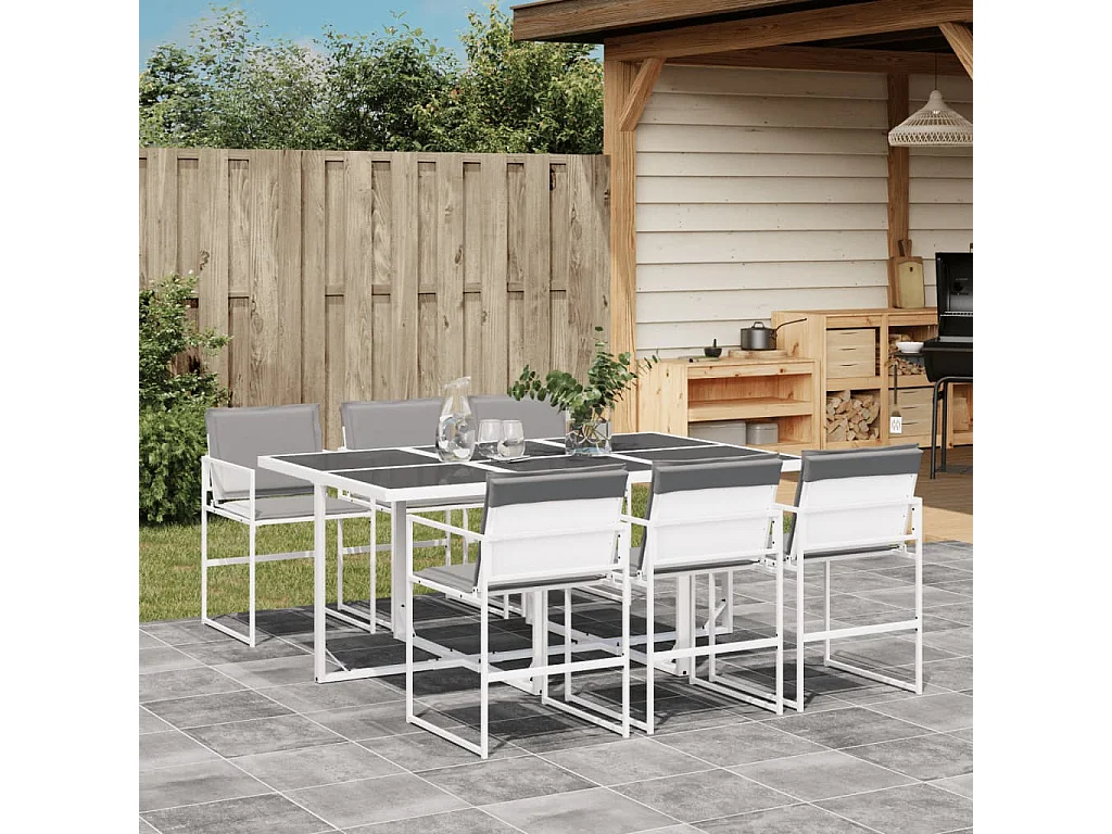 Ensemble à manger de jardin avec coussins 7 pcs blanc textilène
