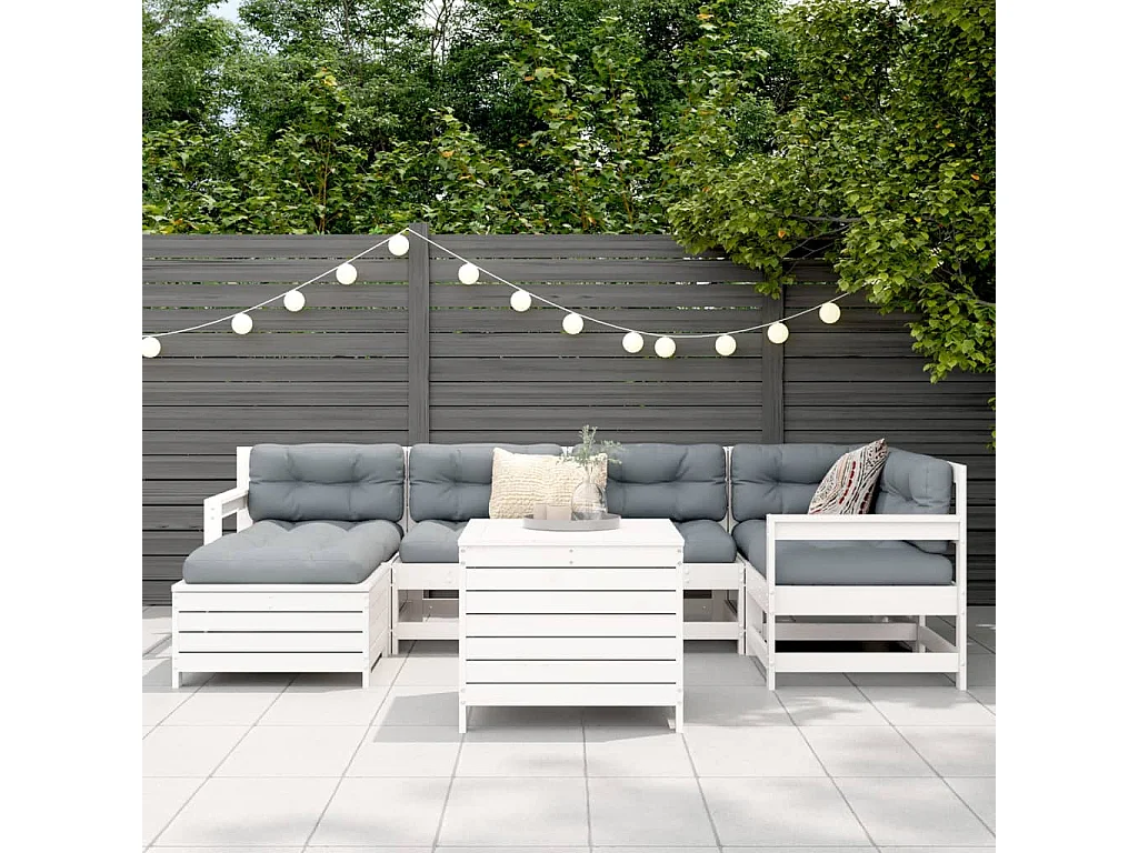 Salon de jardin 7 pcs blanc bois de pin massif