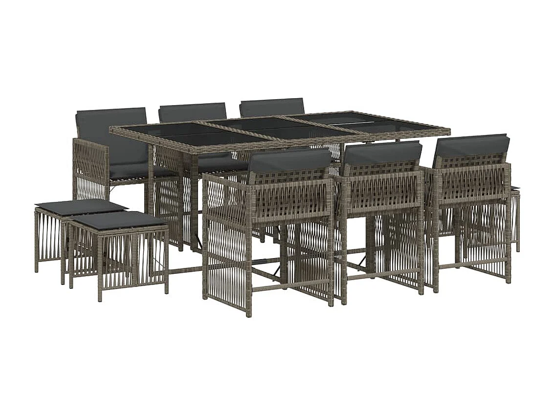 Set de comedor de jardín 11 pzas y cojines ratán sintético gris