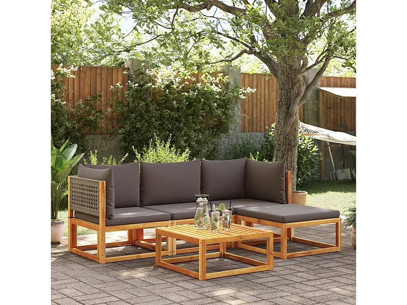 Salon de jardin avec coussins 5 pcs Bois d'acacia solide