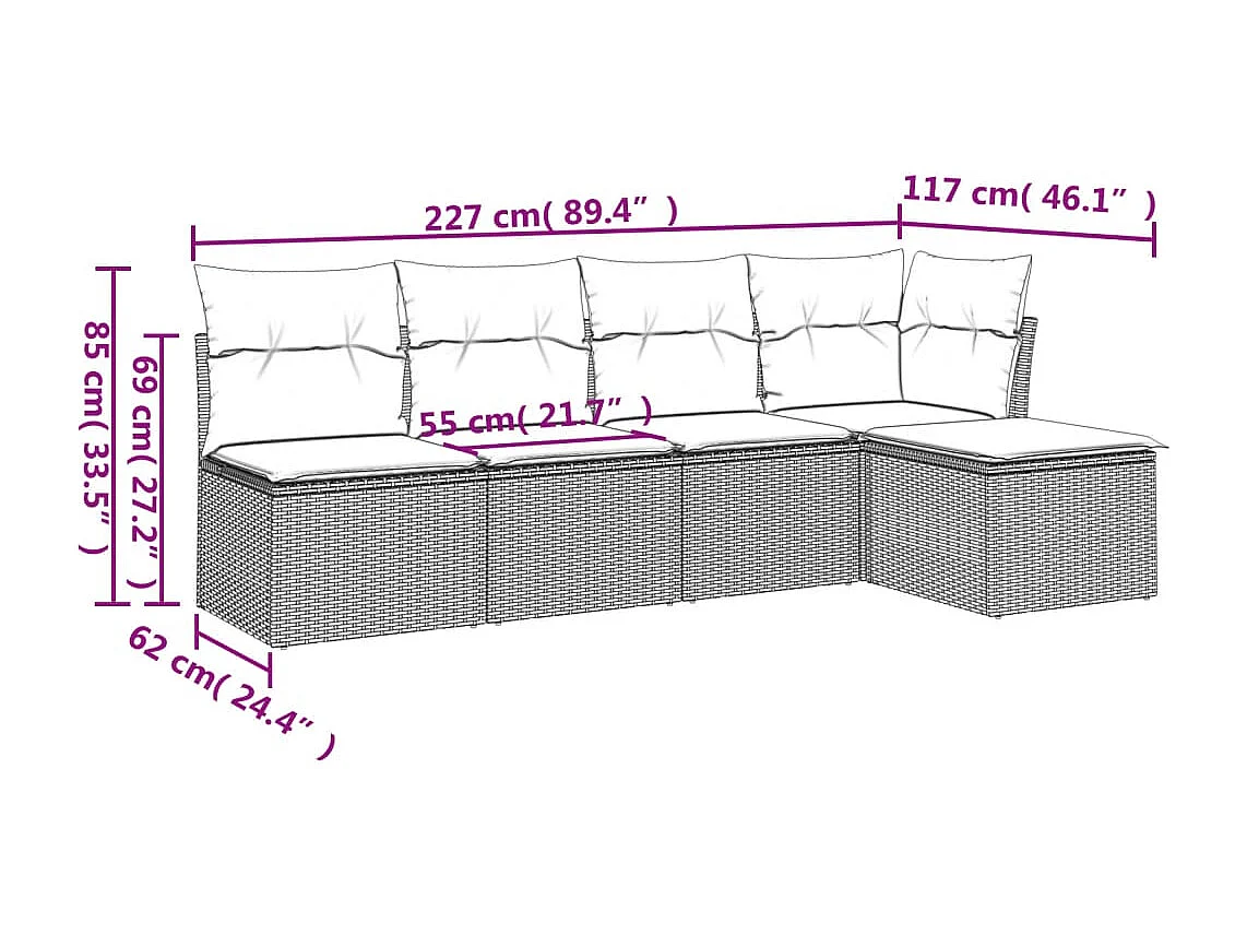 5-tlg. Garten-Sofagarnitur mit Kissen Braun Poly Rattan