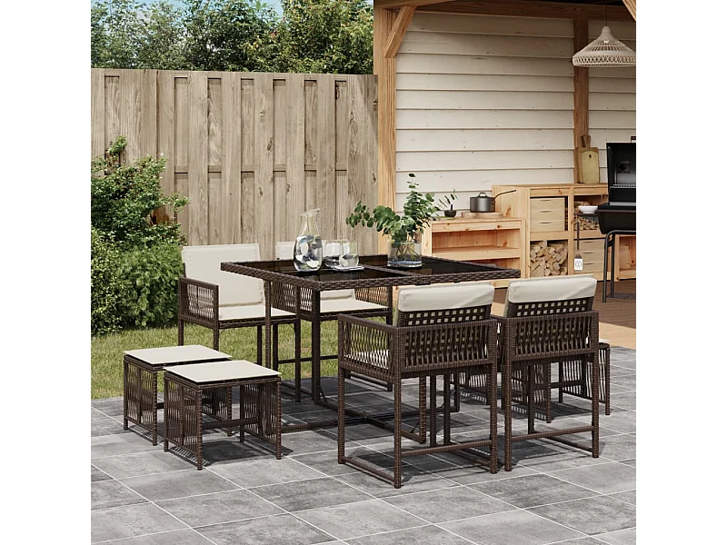 9-tlg. Garten-Essgruppe mit Kissen Braun Poly Rattan