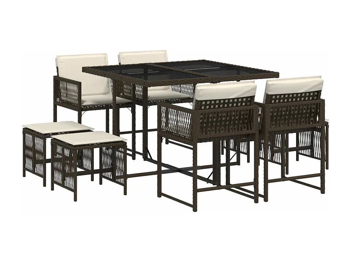 Ensemble à manger de jardin et coussins 9 pcs marron poly rotin
