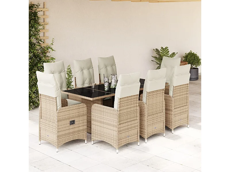 Ensemble de bistro de jardin 9 pcs coussins beige poly rotin