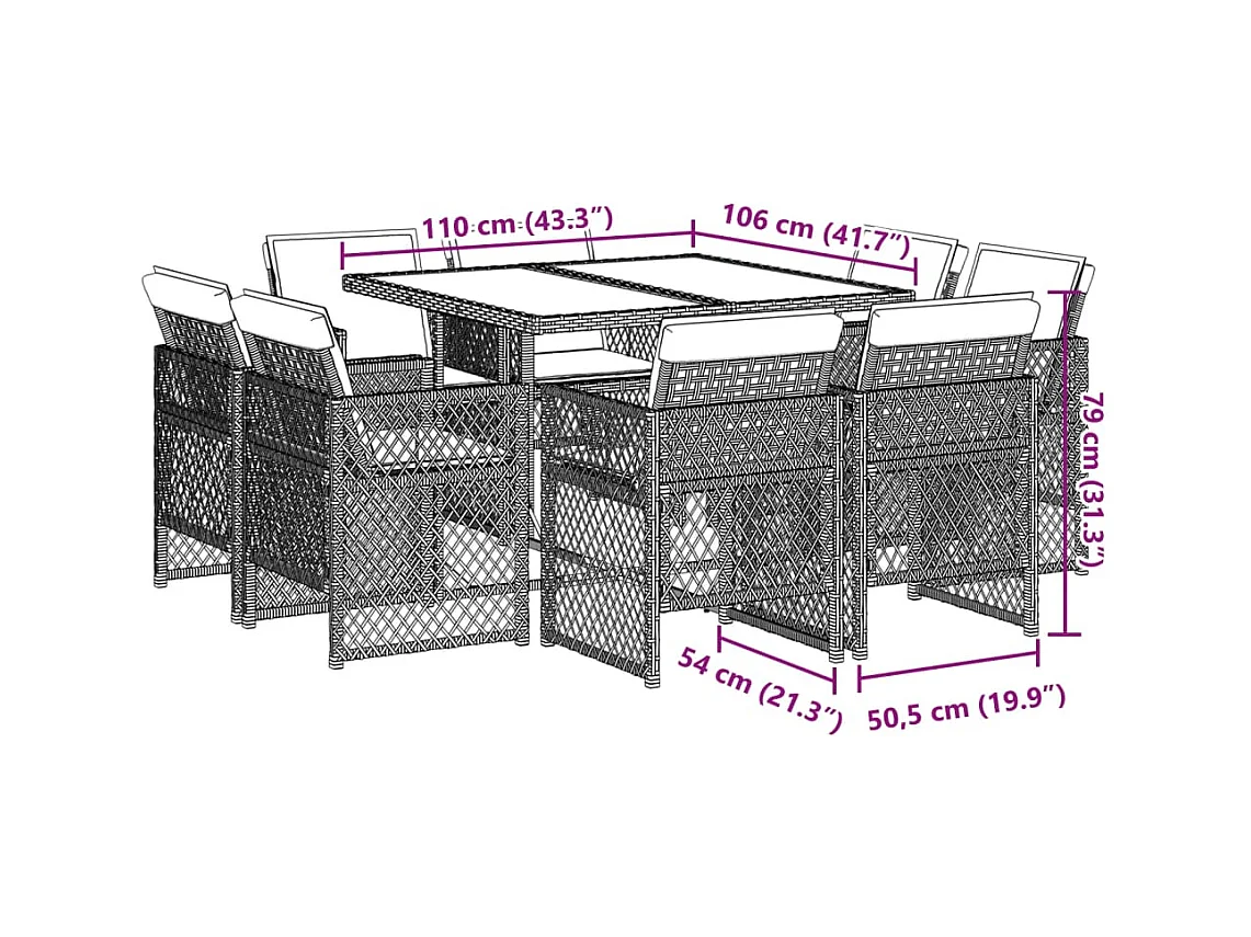 Ensemble à manger de jardin et coussins 9 pcs gris clair rotin