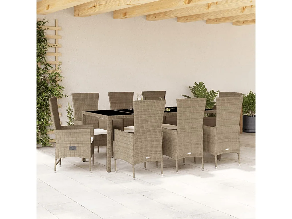 Ensemble à manger de jardin et coussins 9 pcs beige Poly rotin