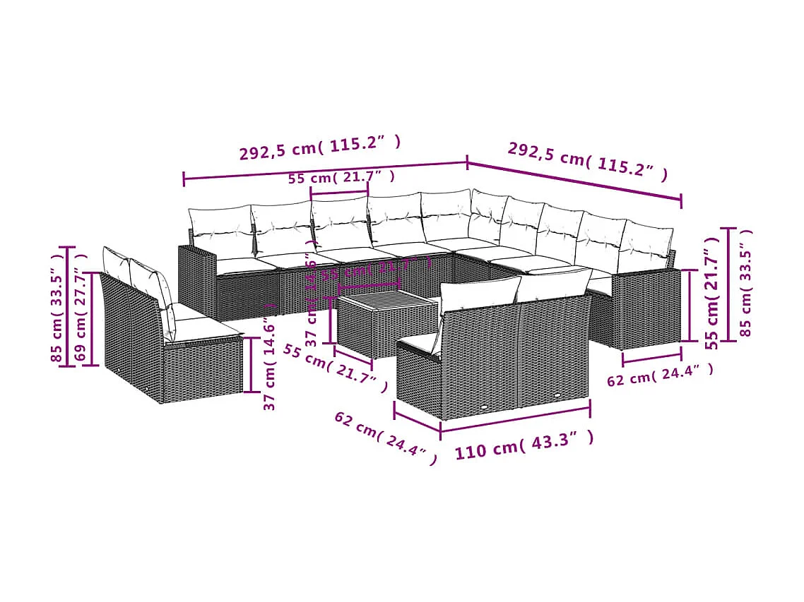 14-tlg. Garten-Sofagarnitur mit Kissen Beige Poly Rattan
