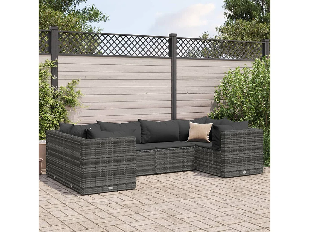 Salon de jardin 6 pcs avec coussins Gris Résine tressée