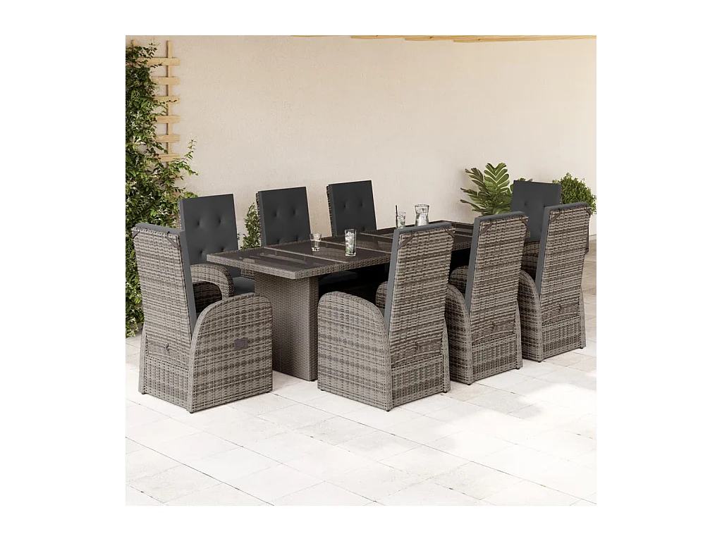 9 pcs conjunto de jantar p/ jardim c/ almofadões vime PE cinza