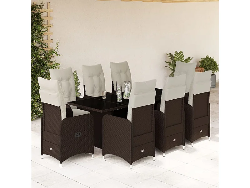 Ensemble de bistro de jardin 9 pcs coussins marron poly rotin